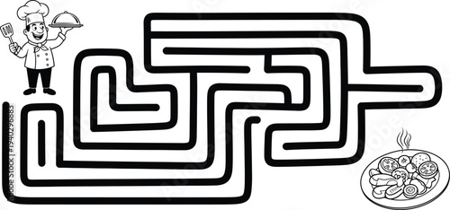 A black and white maze with a cartoon character and a coin