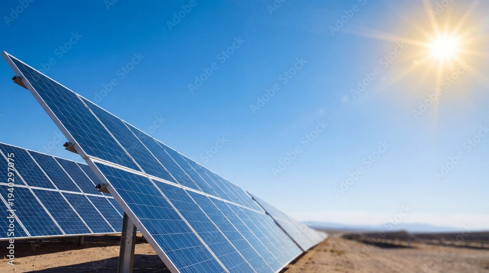 Obraz premium Solar panel array in desert under clear blue sky with bright sun. Renewable energy concept showcasing sustainable technology and efficient solar power generation