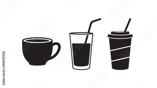 Coffee Cups Silhouette Set in Simple Flat Design with Black and White Color Scheme for Beverage Branding