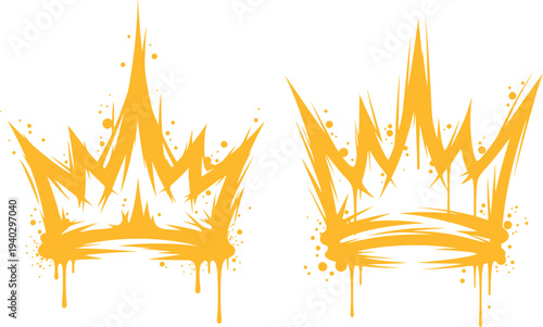 Two abstract golden crowns with spiky points and drips on a white background
