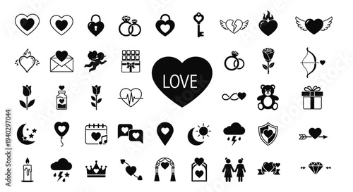 Filled Love and Valentine's Day Icons Set, Romantic Relationships, Wedding, and Affection Symbols with "LOVE" Text, isolated white background.
