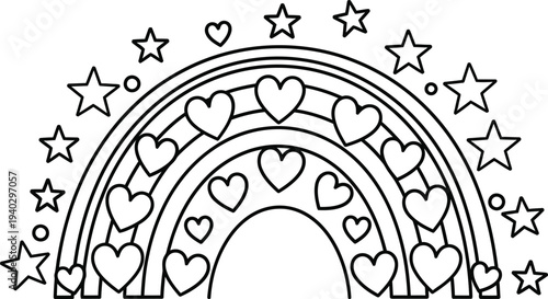 A whimsical illustration of a rainbow adorned with hearts and stars for coloring