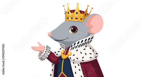 Sophisticated mouse character dressed as a king wearing a golden crown and a royal red and white robe gesturing with one hand forward.