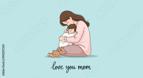 Tender illustration of a mother sitting and hugging her sleeping child with the words love you mom written in elegant script below.