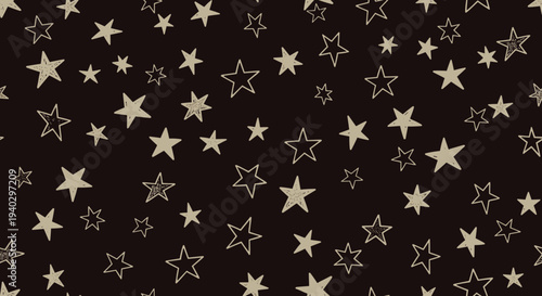 Seamless pattern featuring hand-drawn stars of various sizes and artistic styles on a dark background for celestial wallpaper.