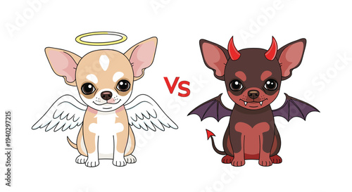 Chihuahua angel vs devil comparison showing the good and bad behavior sides of a pet with wings and horns on white background.