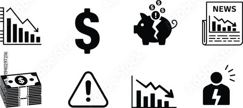 Financial crisis icons, economic downturn, money loss, piggy bank broken, warning symbol, stress figure, vector illustration design
