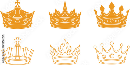 Collection of six regal crowns in gold with various designs