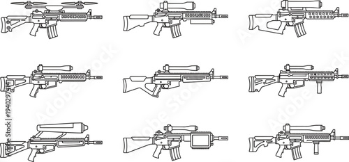 Collection of modern tactical assault rifles with various attachments presented as detailed line art vector illustrations for military security or gaming design