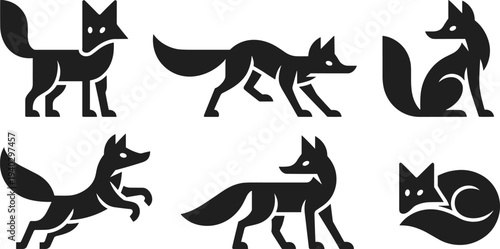 Fox silhouette icon set, wild animal symbol collection, woodland predator vector illustration, minimalist wildlife logo design pack