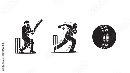 Cricket Players in Action with Ball in Monochromatic Illustration Style for Sports