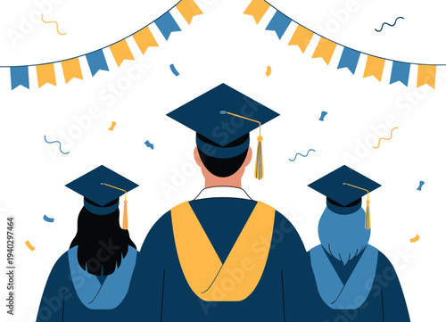 Graduation ceremony silhouettes with caps and gowns, festive celebration, academic achievement, student success, vector illustration design