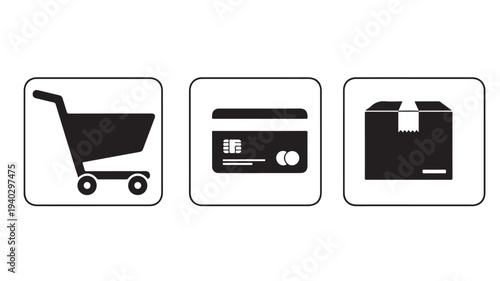 Shopping Cart, Credit Card, and Folder Icons in Simple Flat Design with Black Color on White Background for E-commerce Web Application