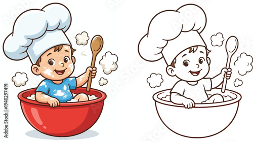 Adorable Cartoon Baby Chef in Mixing Bowl with Spoon Cute Cooking and Baking Illustration for Kids