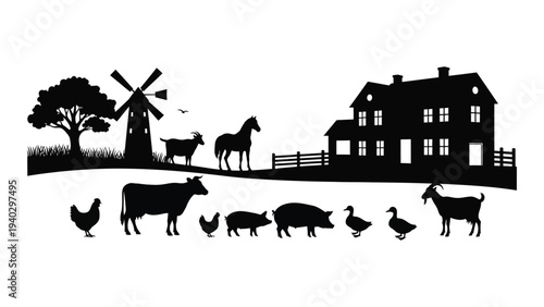 A farm scene with animals and a house