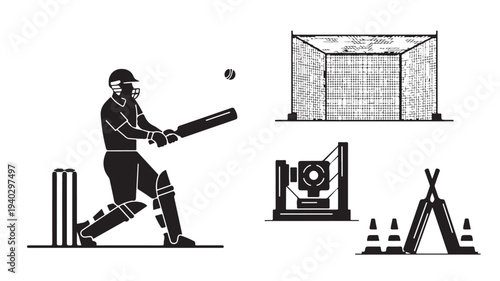 Cricket Player Silhouette in Action with Cricket Net, Wicket, and Tent in Simple Line Art for Sports Illustration