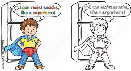 Confident Cartoon Boy as Superhero Resisting Snacks Healthy Eating and Self-Control for Kids