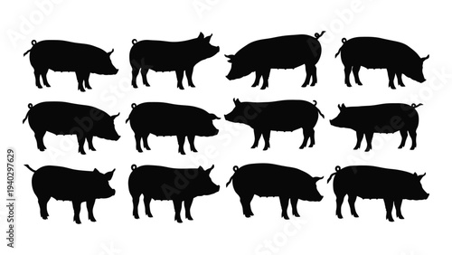 A group of black pig silhouettes standing in rows