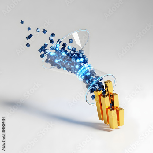 A creative representation of data pouring from a transparent container in a dynamic visual display