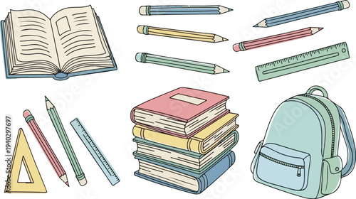 School Supplies Set in Cartoon Style with Pastel Colors and Soft Lighting on White Background for Education
