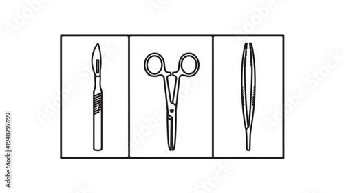 Scalpel, scissors, and tweezers in simple line art style with black outline on white background for medical illustration