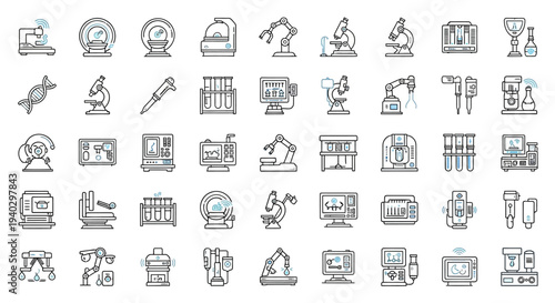A comprehensive collection of scientific laboratory and medical research equipment icons in a clean outline style.