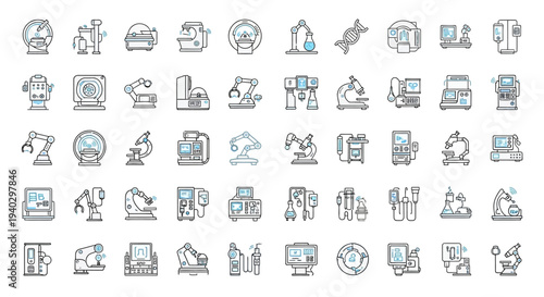Advanced Medical Technology and Robotic Healthcare Line Icons Set on Isolated White Background