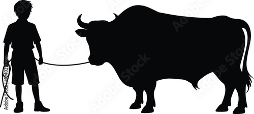 Silhouette child holding rope with bull, animal control, rural life, agriculture symbol, black shadow vector illustration design
