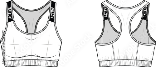 Women Active Sports Bra Technical Flat Sketch with Racerback Design and Elastic Band CAD Drawing Flat Vector Illustration Adobe Stock