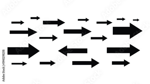 A collection of black arrows of various sizes pointing right
