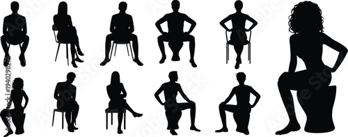 Silhouette people sitting on chairs, various poses, casual posture, ergonomic design, vector illustration, black shadow figures