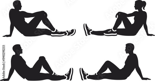 Silhouette people sitting on ground, relaxed posture, athletic shoes, fitness rest, stretching position, black shadow vector illustration