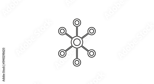 Abstract network connection icon, central hub with radiating lines and nodes, representing connectivity and data sharing