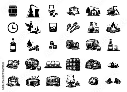 Whisky Distillery Icons Set – Whiskey Barrel, Copper Still, Tasting Glass, Angel’s Share, Aging Process, Bourbon and Scotch Production Symbols