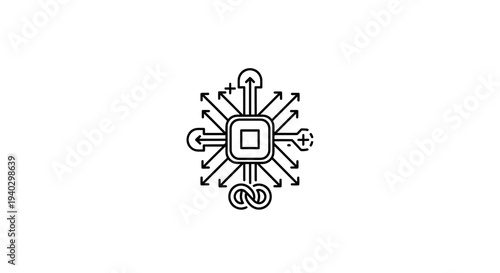 Abstract Technology Icon: Central Processor with Expanding Arrows and Symbols