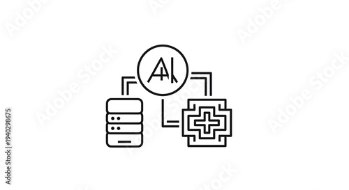 AI Data Processing and Analysis Icon: Database, AI Chip, and Network Connection
