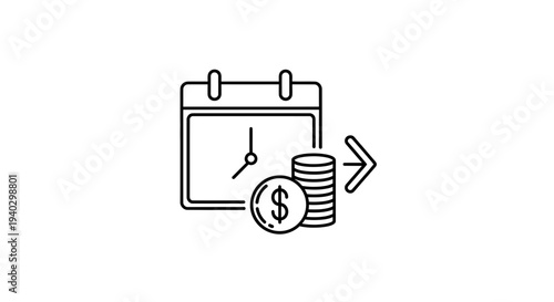 Calendar Clock and Coins Icon: Time is Money Concept, Financial Planning