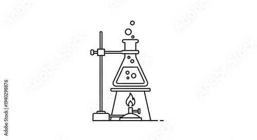 Chemistry experiment with boiling liquid in flask on burner, science laboratory equipment, line art