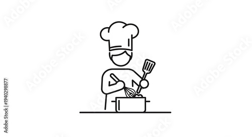 Chef Cooking in Kitchen with Utensils and Pot, Line Art Icon
