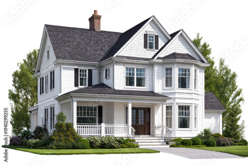 White two story house with dark roof and brick chimney surrounded by green trees home residential, Png, Isolated on Transparent Background, Cut Out
