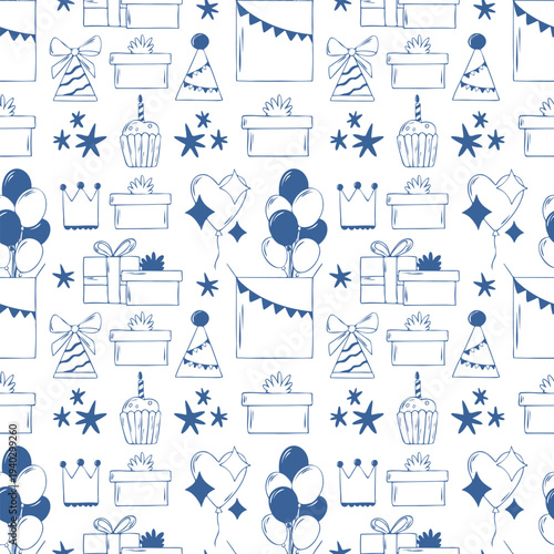 Seamless pattern with birthday gifts, balloons, party hats. Blue line art hand drawn minimalist vector background on white for birthday party celebration, festive textile design, wrapping paper