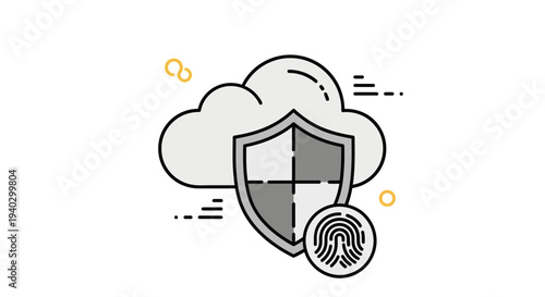An illustration depicting cloud security with a shield and fingerprint icon, symbolizing data protection, privacy, and secure access in digital environments.