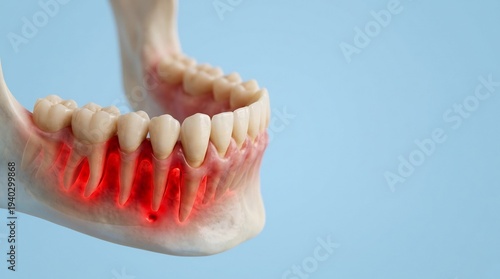 Wallpaper Mural Jaw model highlights painful gum inflammation and bleeding around lower teeth roots with glowing red areas indicating severe periodontal disease. Torontodigital.ca