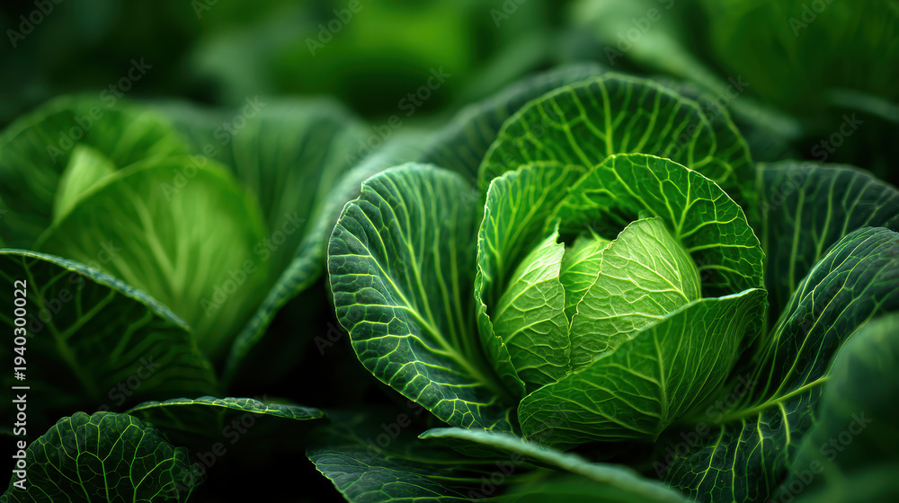 Obraz premium Green cabbage head in garden bed with detailed veins and layered leaves creating fresh natural mood