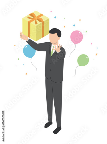 プレゼントを受け取る会社員男性・アイソメトリック