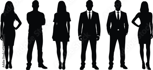 Large collection of professional business people silhouettes featuring diverse men and women in formal suits standing together for corporate leadership teamwork and office recruitment concepts.