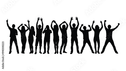 A group of people standing in a row with their arms raised