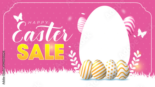 Happy Easter text Wen banner with stylish bunny ears and patterned eggs on Pink digital background for holiday, Minimal Easter greeting card with golden eggs. Elegant design. Vector illustration