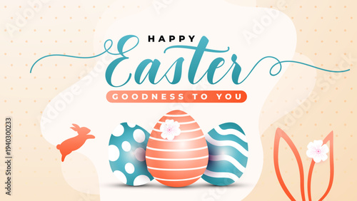 Happy Easter text Wen banner with stylish bunny ears and patterned eggs on Pink digital background for holiday, Minimal Easter greeting card with golden eggs. Elegant design. Space to write text.