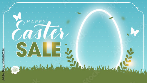 Happy Easter text Wen banner with stylish bunny ears and patterned eggs on Pink digital background for holiday, Minimal Easter greeting card with golden eggs. Elegant design. Space to write text.